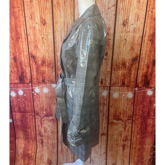INC patent plaid raincoat size Large belted black white polyester trench jacket - Picture 3 of 8